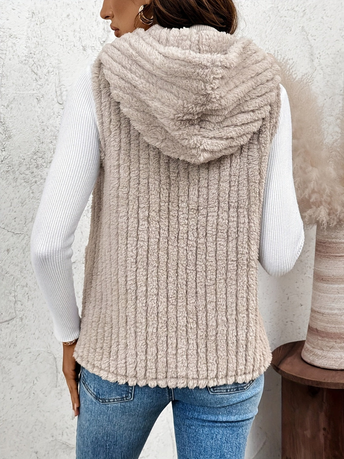 Fuzzy Hooded Vest with Pockets Trendsi