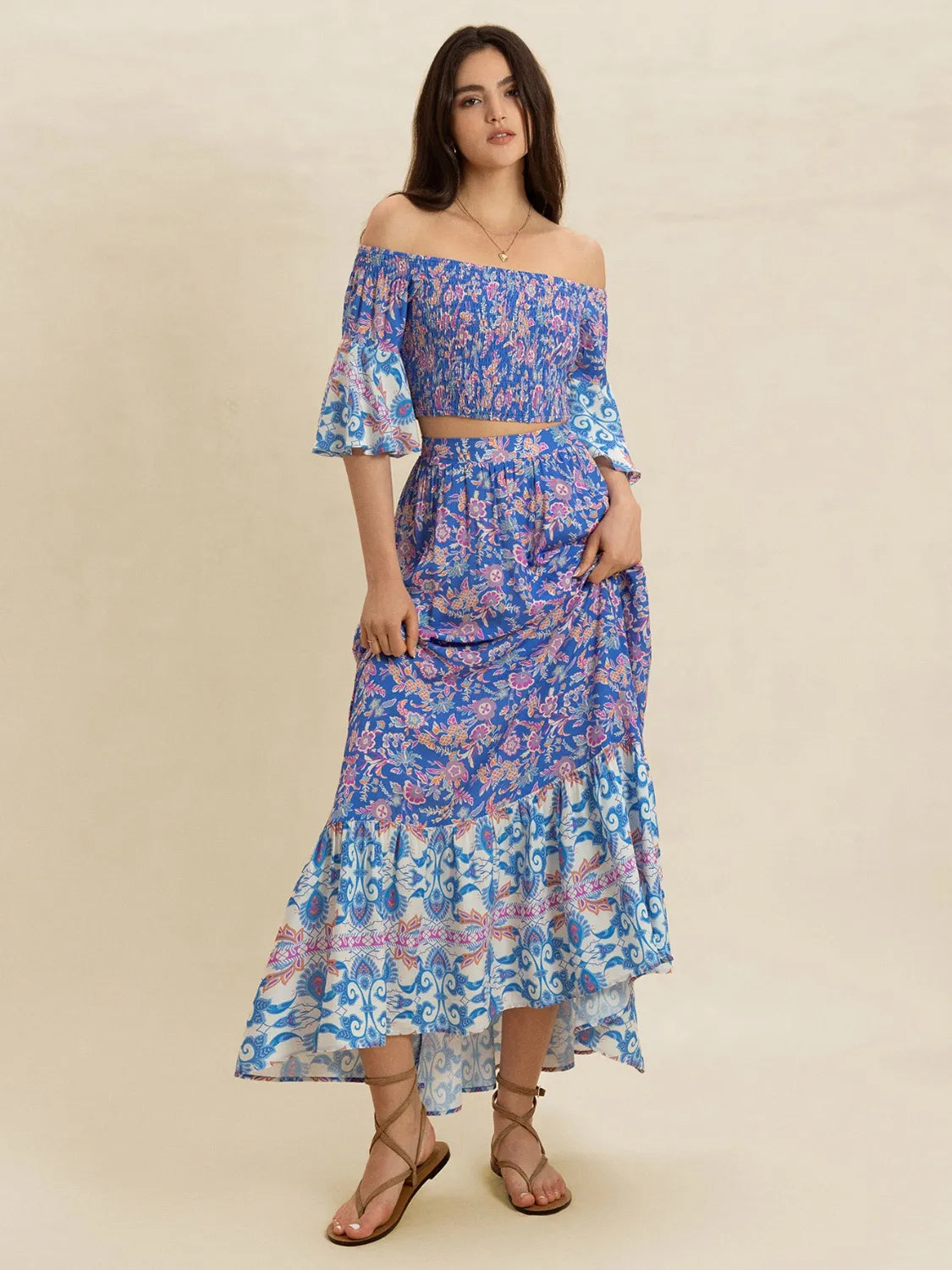 Smocked Off-Shoulder Printed Top and Skirt Set