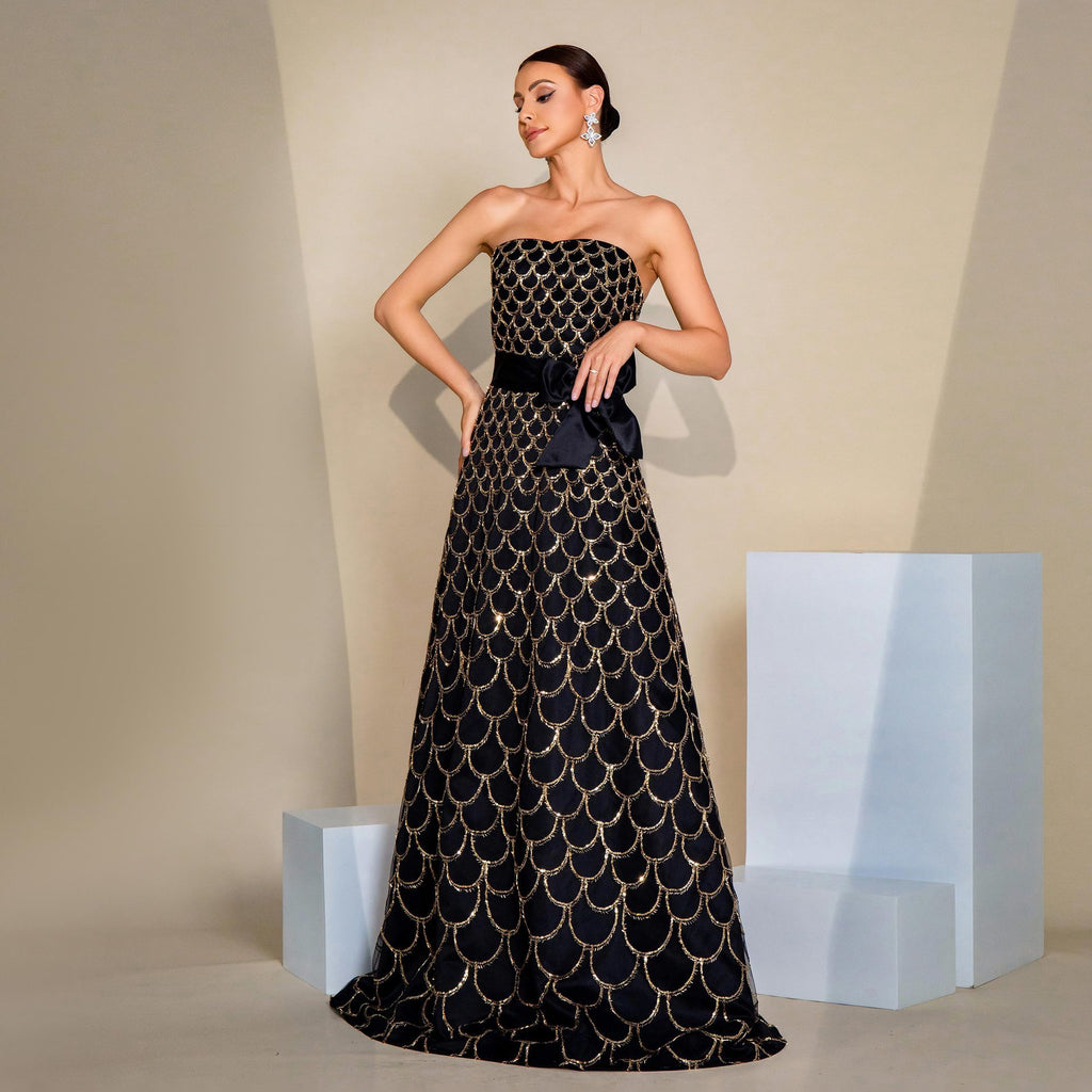 Off-neck Wrapped Chest Nipped-waist Large Swing Sequined Evening Dress aclosy
