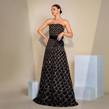 Off-neck Wrapped Chest Nipped-waist Large Swing Sequined Evening Dress aclosy
