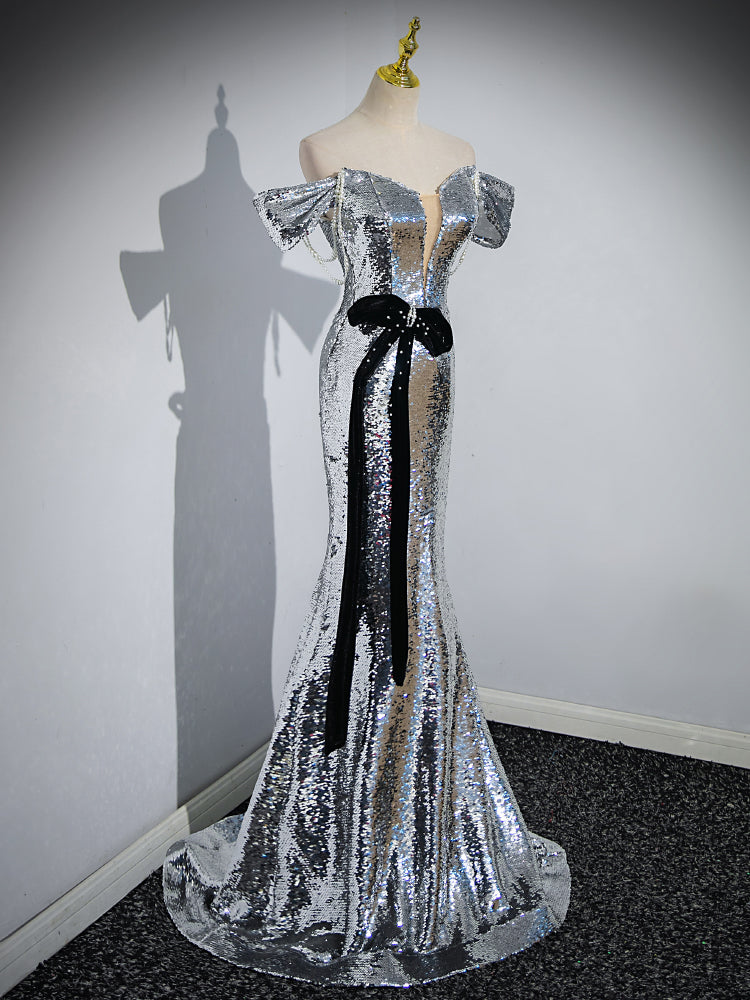 Women's Off-shoulder Trailing Silver Paillette Evening Dress Aclosy