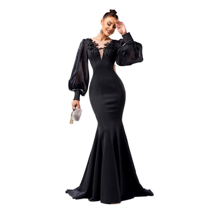 Long Sleeve Round Neck Banquet Applique Sheath Fishtail Dress aclosy