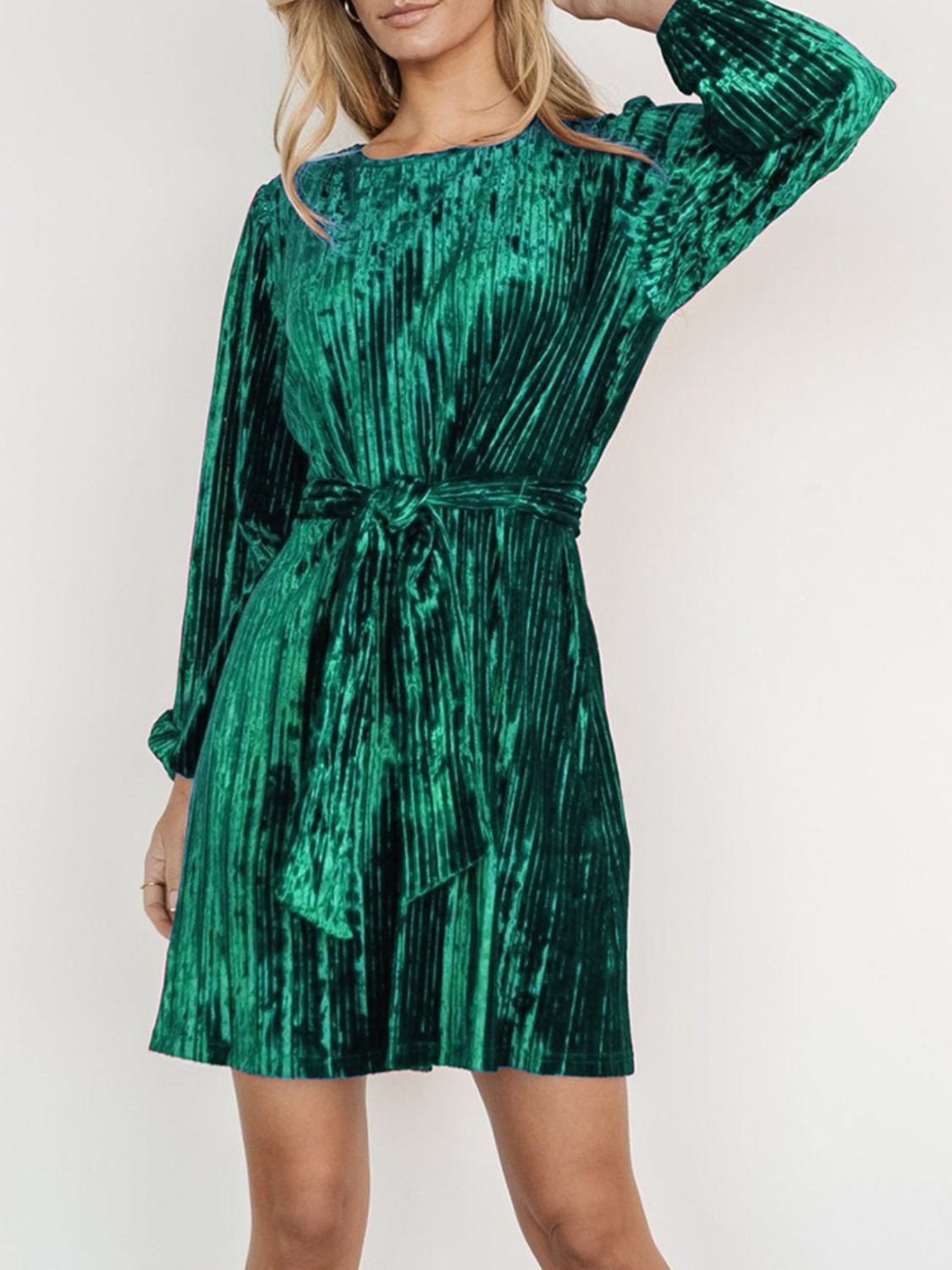 Velvet Round Neck Tie Waist Long Sleeve Mini Dress Trendsi