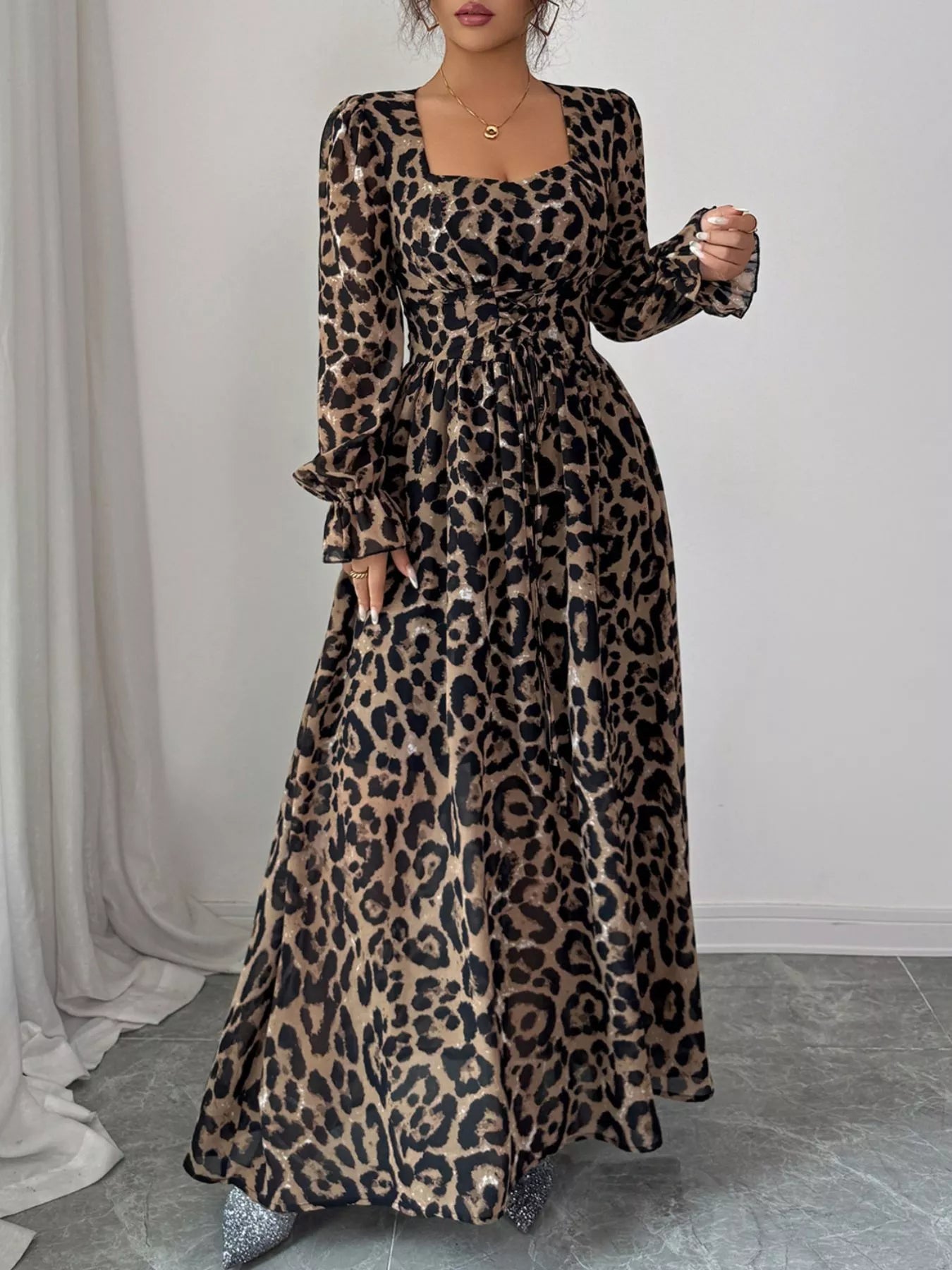 knee length dresses for ladies Leopard Sweetheart Neck Flounce Sleeve Maxi Dress – Aclosy