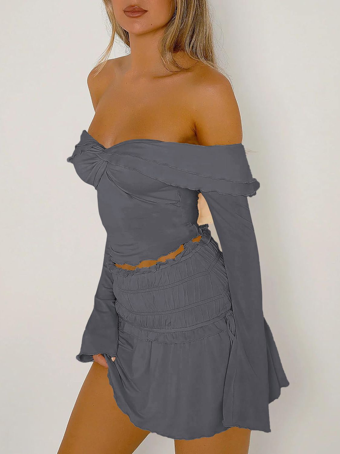 Devine Twisted Ruffled Off-Shoulder Long Sleeve T-Shirt Trendsi