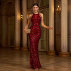 Elegant Sleeveless Round Neck Sequins Slim Sheath Banquet Fishtail Dress null