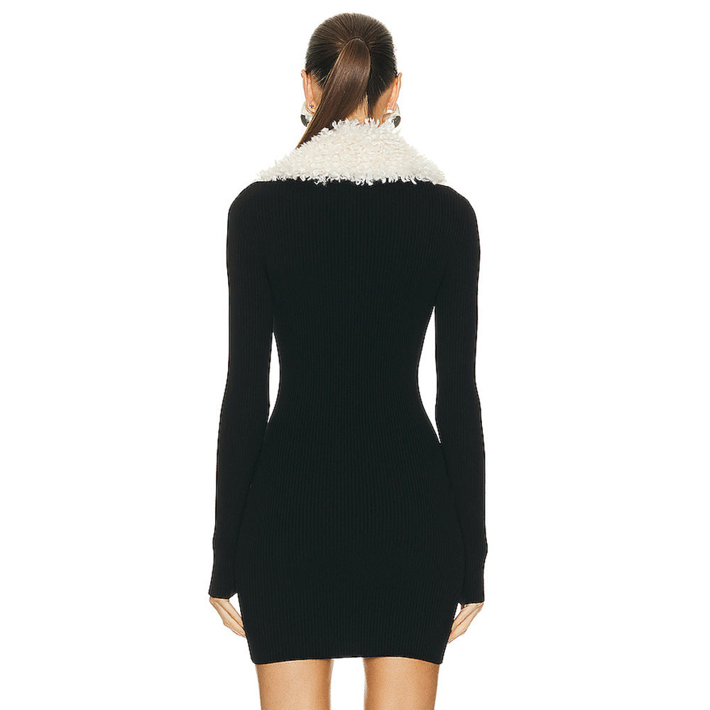 Black Fur Collar Zipper Bandage High Elastic Dress Aclosy