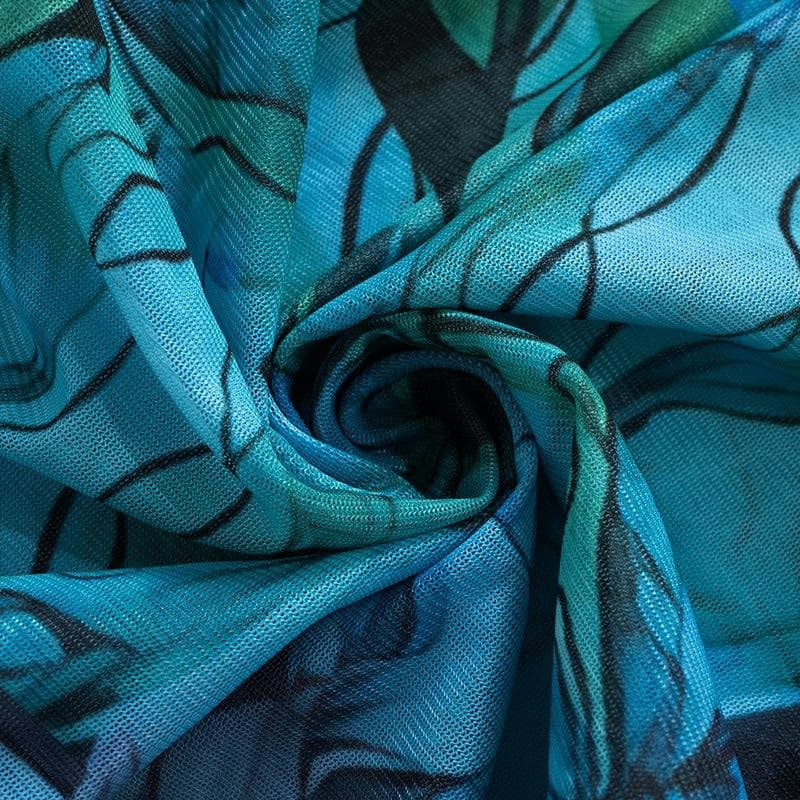 Mesh Printed Round Neck Bell Sleeve Mini Dress aclosy