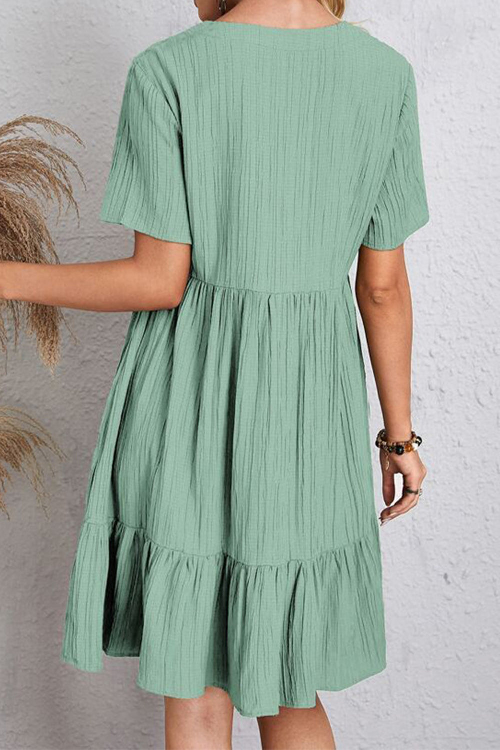 Full Size Ruched V-Neck Short Sleeve Dress Trendsi