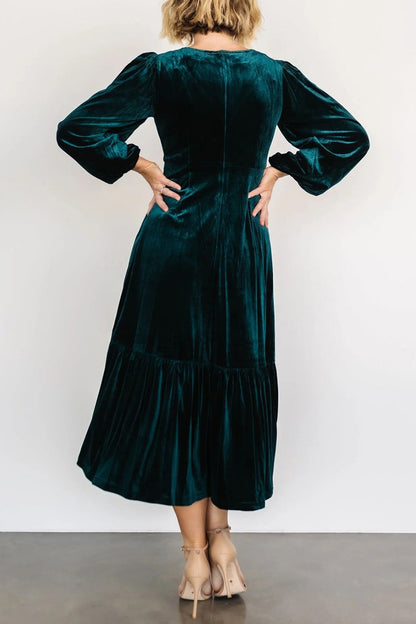 V-Neck Long Sleeve Midi Velvet Dress Trendsi