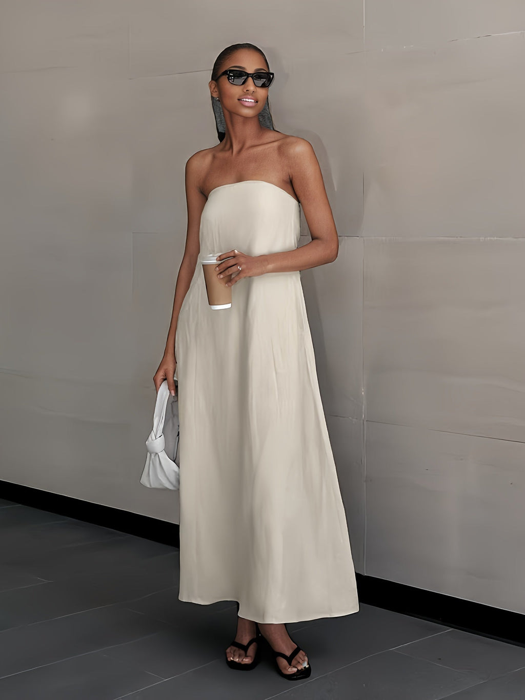 2026 NEW SUMMER Linen Women's High-Waisted Strapless Backless Patchwork Pocket Dress Lightweight Casual Vacation Dress With Smooth Texture, Solid Color Long Dress For Summer aclosy