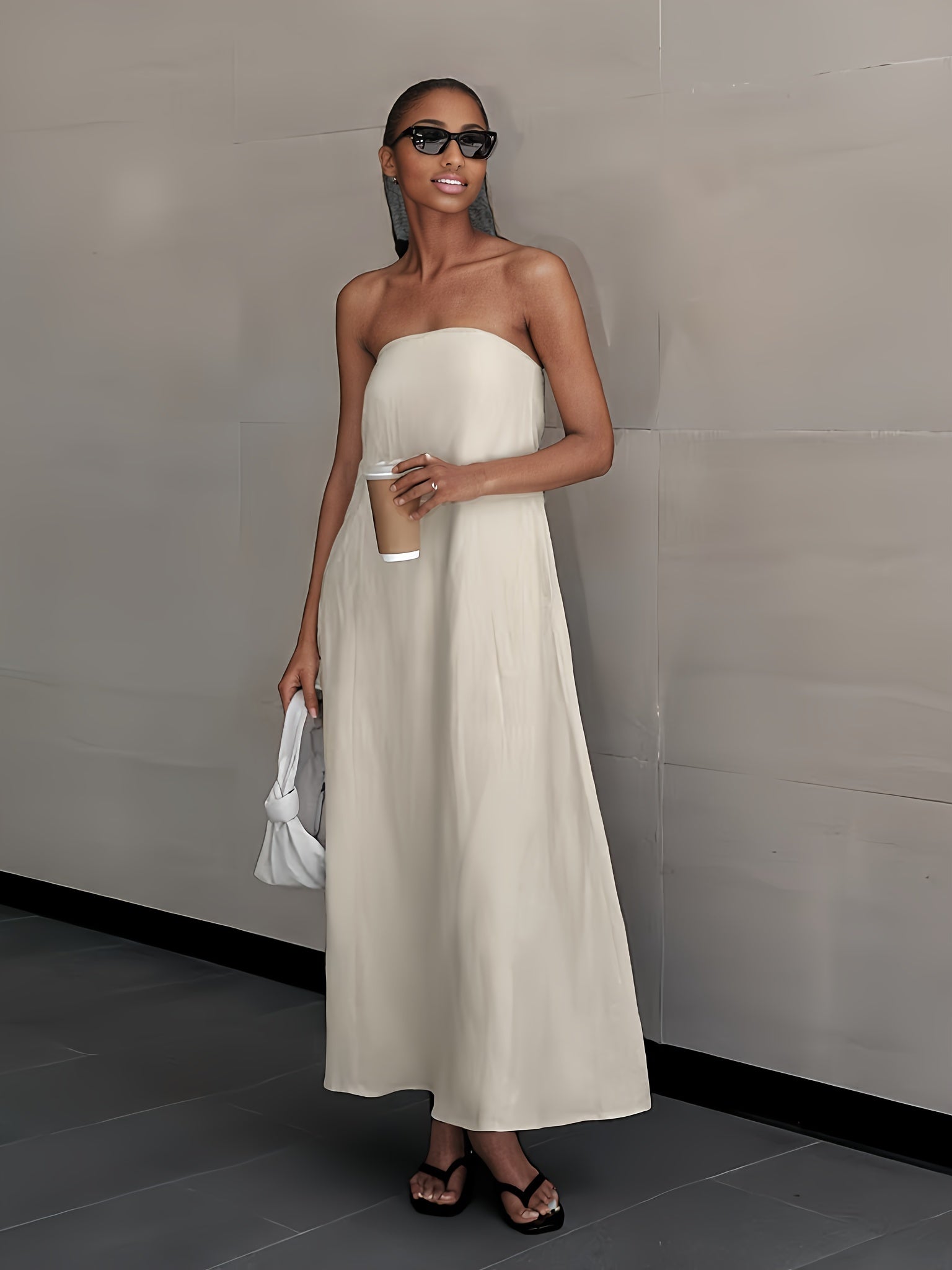 2026 NEW SUMMER Linen Women's High-Waisted Strapless Backless Patchwork Pocket Dress Lightweight Casual Vacation Dress With Smooth Texture, Solid Color Long Dress For Summer aclosy