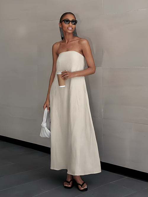 2026 NEW SUMMER Linen Women's High-Waisted Strapless Backless Patchwork Pocket Dress Lightweight Casual Vacation Dress With Smooth Texture, Solid Color Long Dress For Summer aclosy