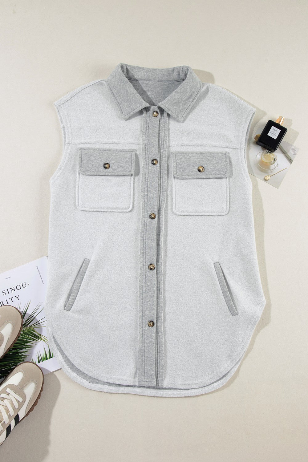 Pocketed Button Up Collared Neck Vest Trendsi