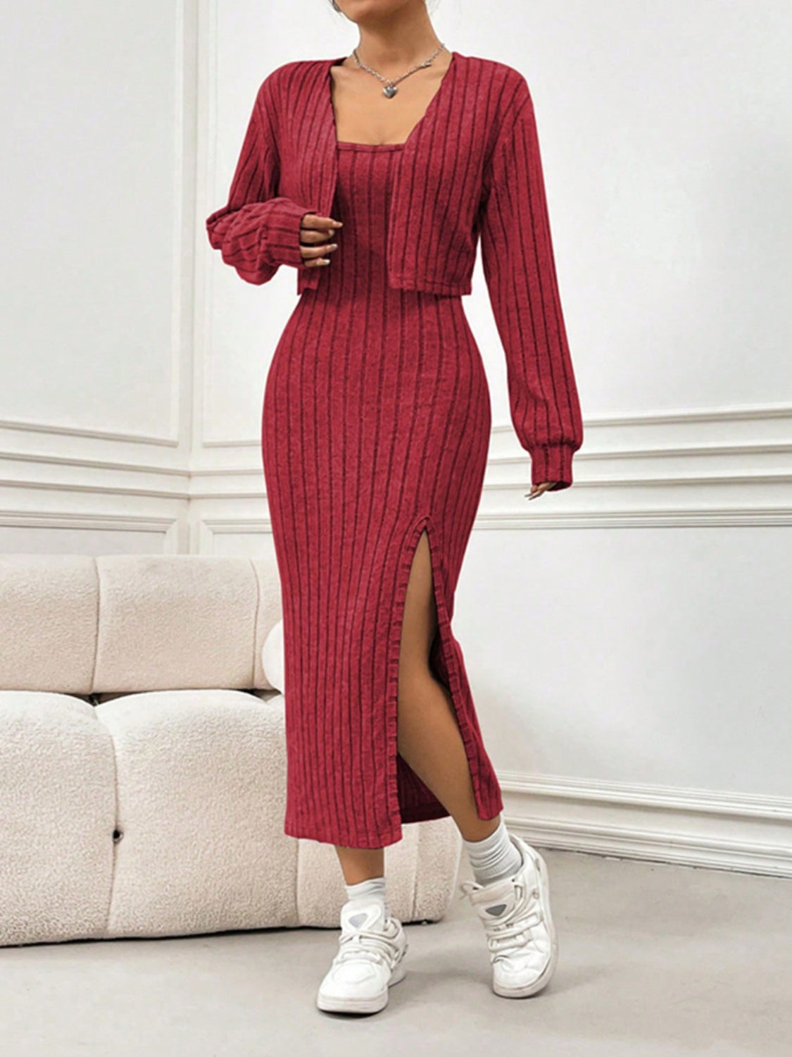 Ribbed Long Sleeve Cropped Cardigan and Slit Cami Dress Set Trendsi