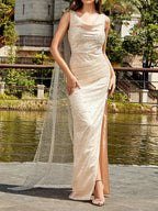 Apricot Mesh Sleeveless Strap Cloak Sequined Long Dress Aclosy