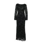Deisy Slim Flocking Backless Black Maxi Dress