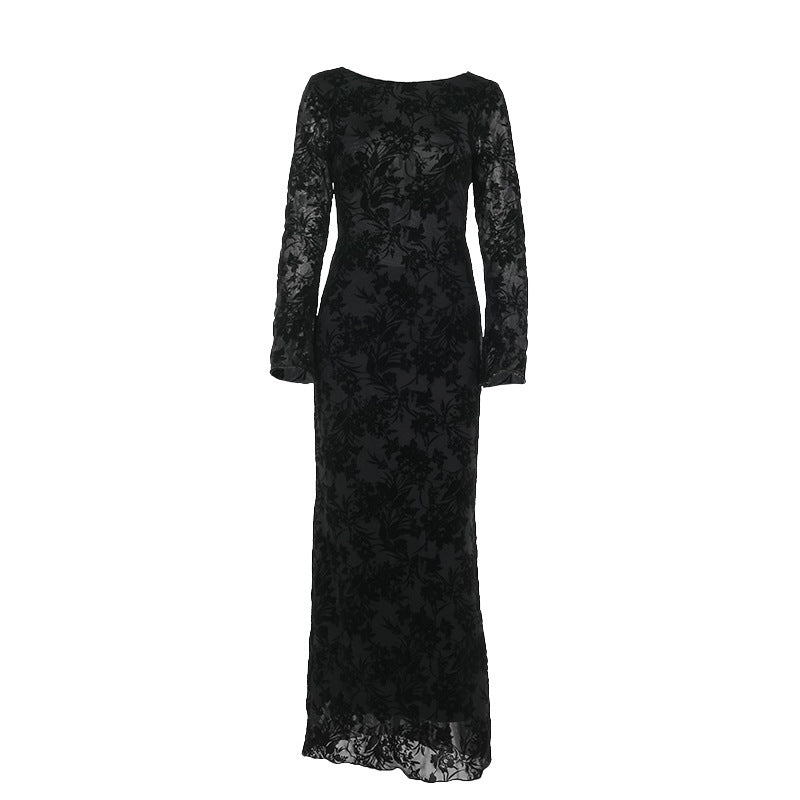 Deisy Slim Flocking Backless Black Maxi Dress