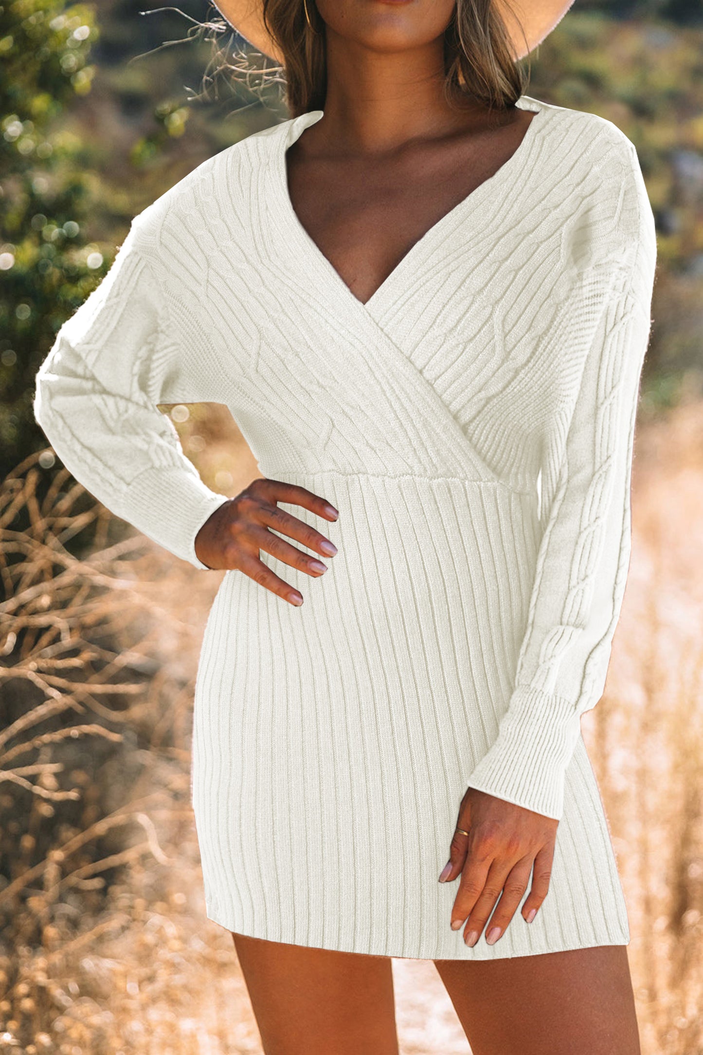 Cable-Knit Surplice Lantern Sleeve Sweater Dress Trendsi