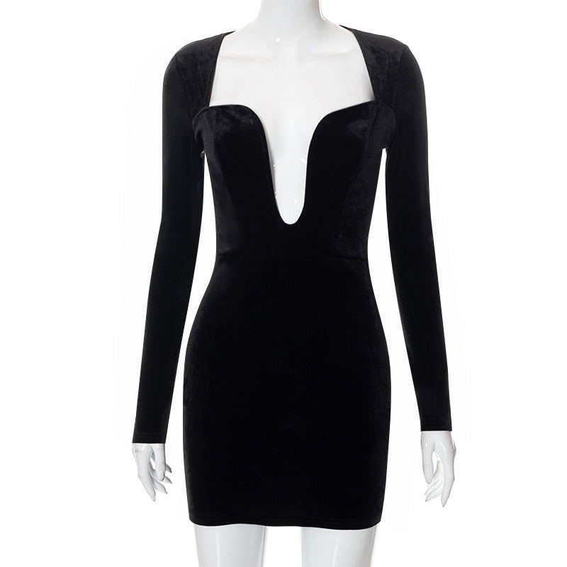 Solid Color Low Cut Long Sleeve Black Dress Aclosy