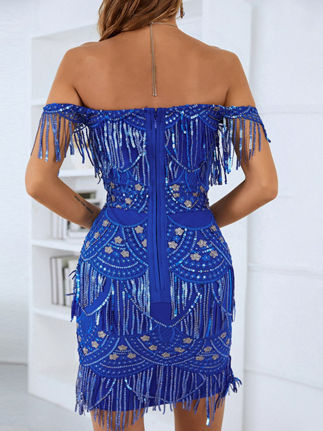 Sequin Fringe Trim Off-Shoulder Mini Party Dress