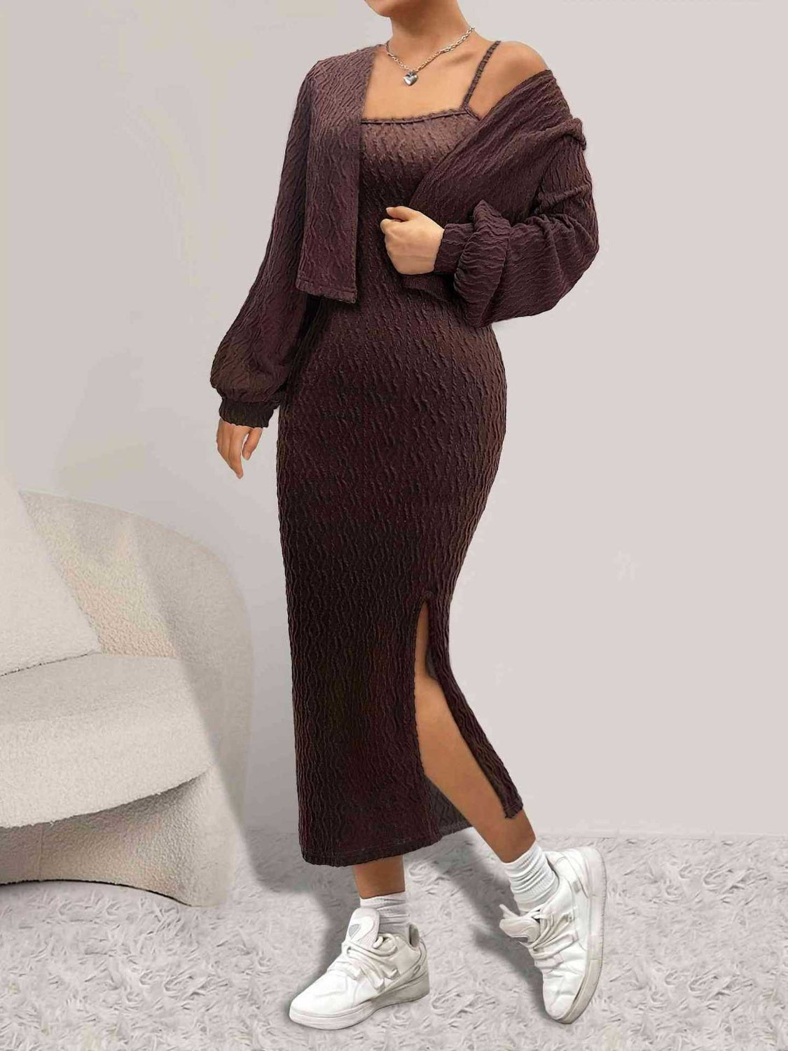 Open Front Long Sleeve Cardigan and Side Slit Cami Dress Set Trendsi