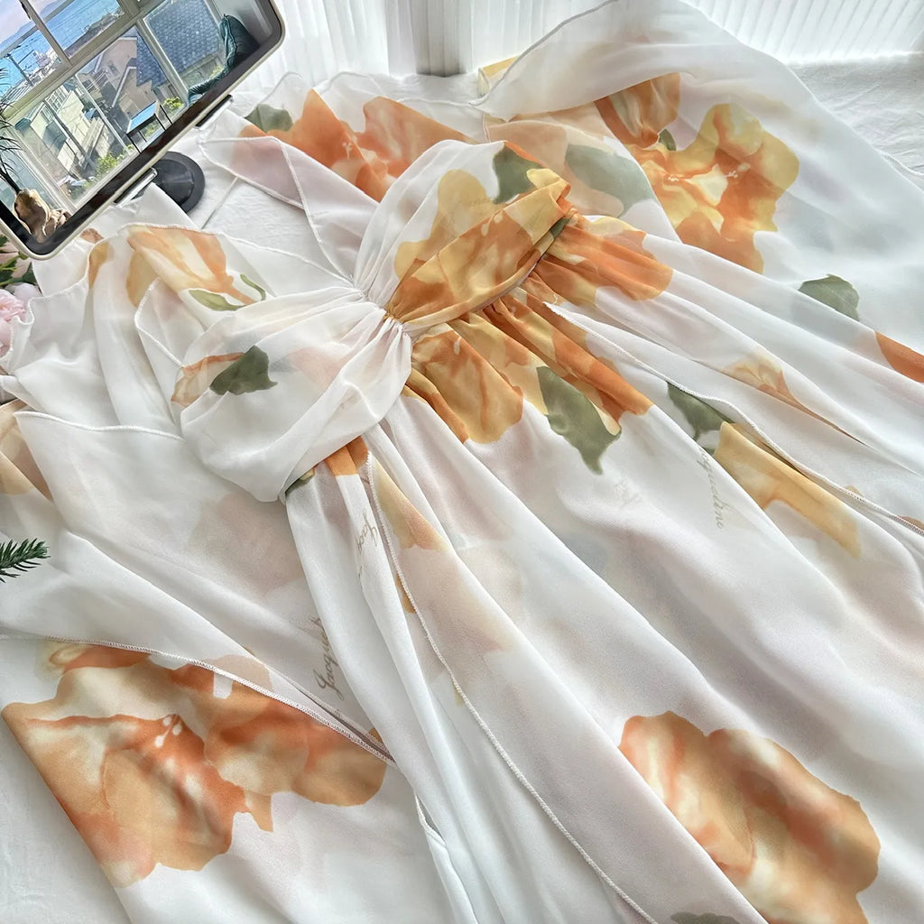 Coraline Backless Floral Chiffon Maxi Dress - White