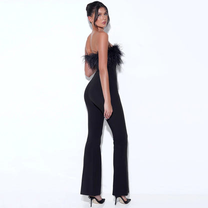 Tube Top Feather Bandage One-piece Temperament High Waist Stretchy Wide-leg Flared Pants Women's Clothing Aclosy