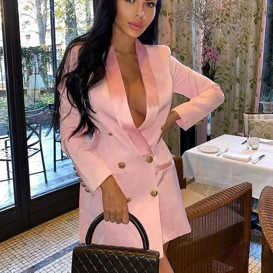 Long Sleeve Deep V-neck Elegant Suit Double Breasted Thickened Shoulder Blazer aclosy