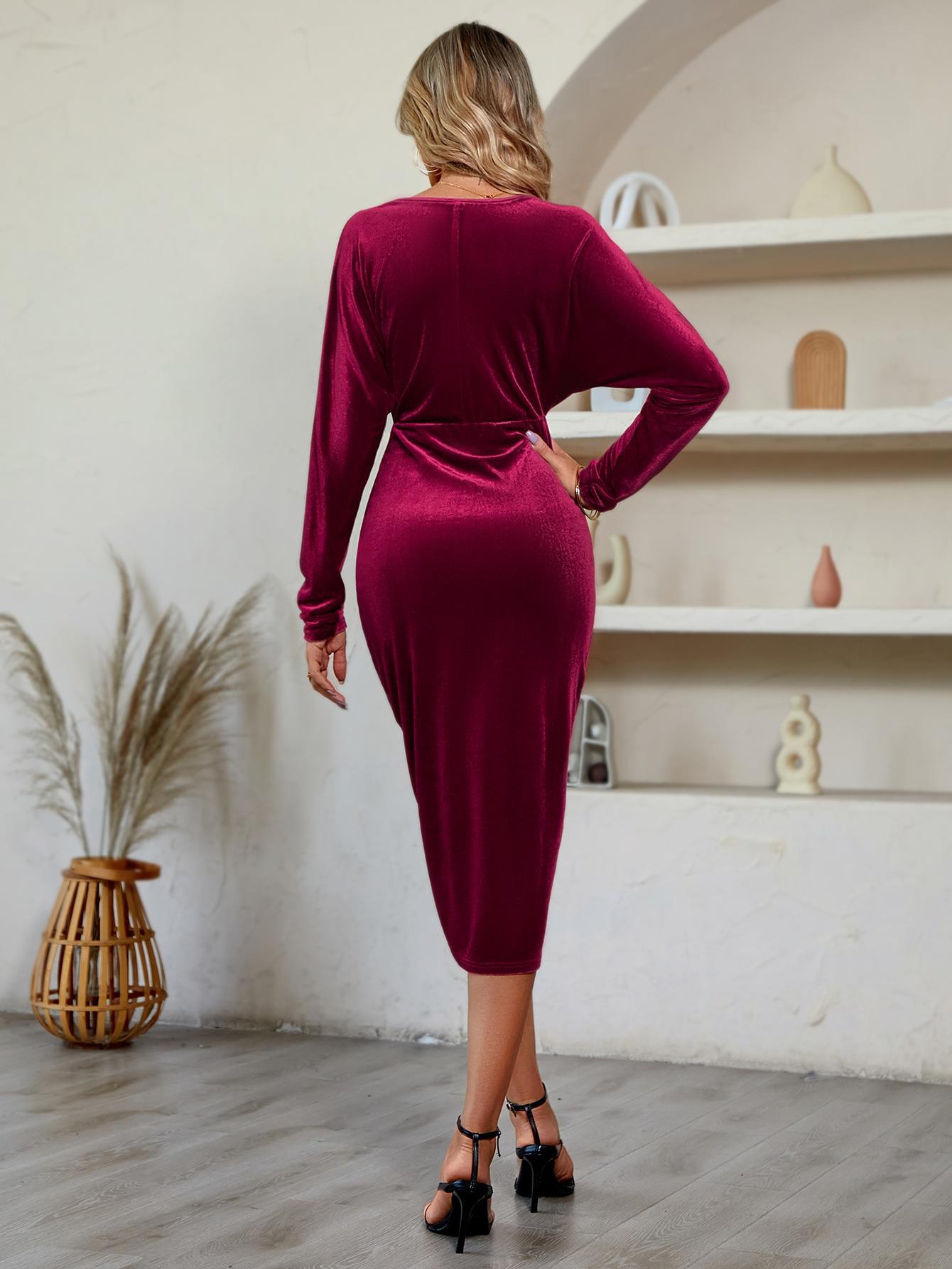 V-Neck Long Sleeve Tulip Hem Dress Trendsi