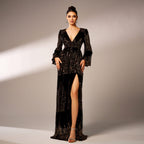 Black gold sequin maxi dress hands on waist