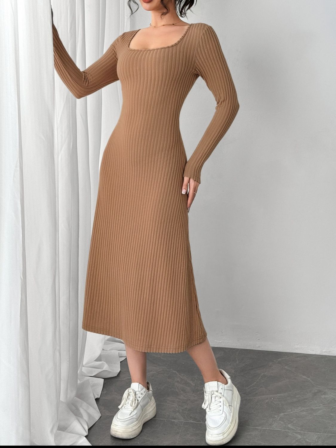 Square Neck Long Sleeve Midi Wrap Dress Trendsi