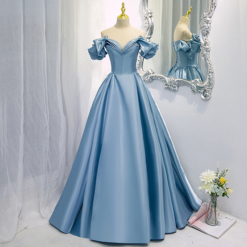 Women's Blue Satin Long French One-shoulder Costume Aclosy