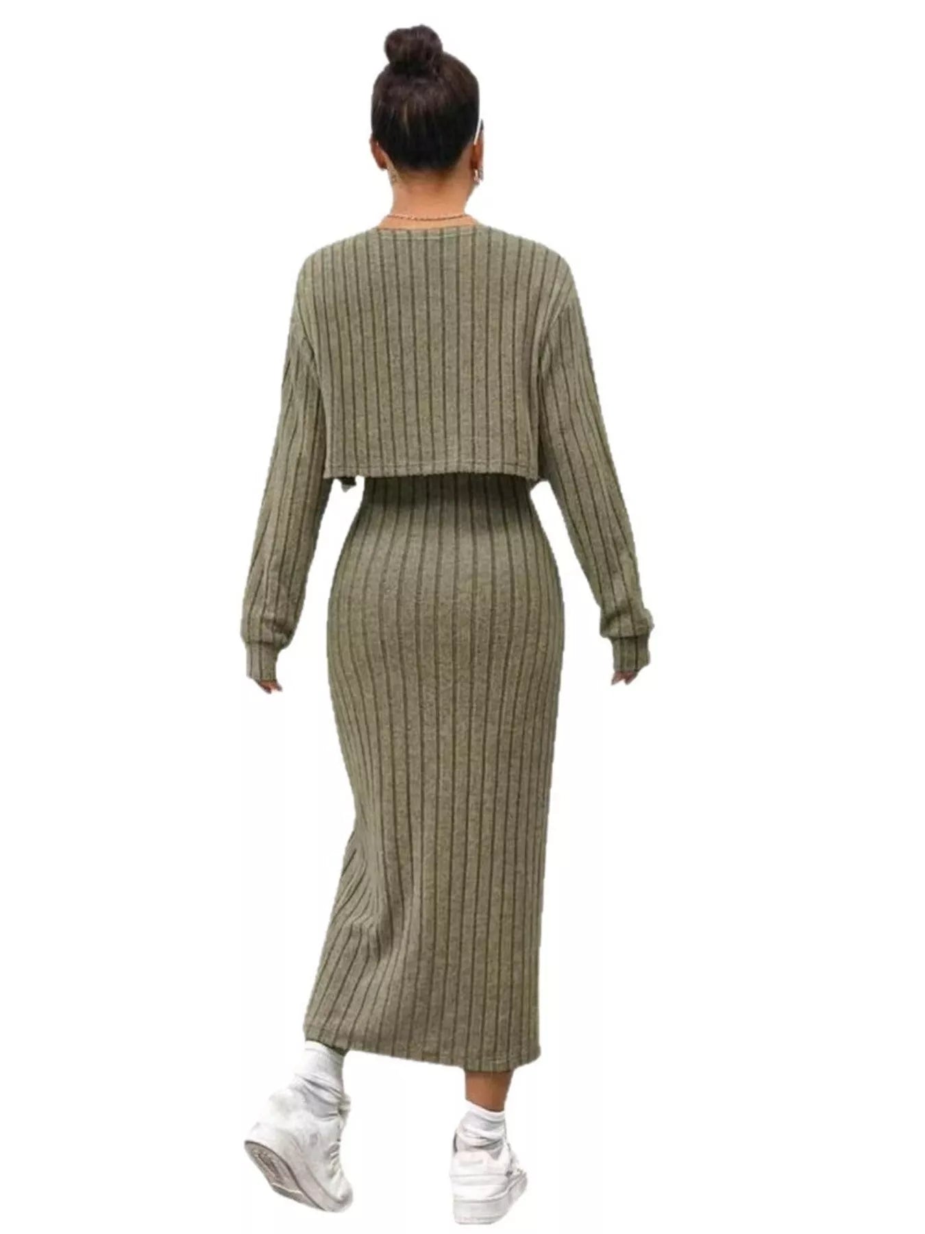 knit pullover sweater and cami dress set SHEIN Leap Crew Teen Girls' Rib Knitted Distressed Cardigan & Cami Dress  Casual 2 Piece Set