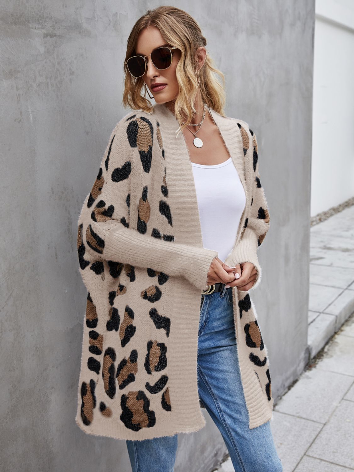 Angel Wings Leopard Pattern Fuzzy Cardigan Trendsi