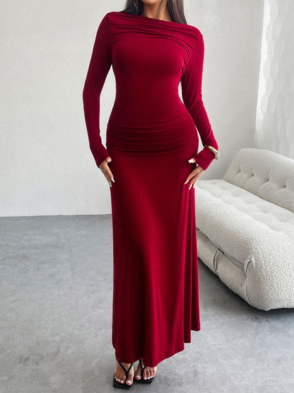 Devine Ruched Long Sleeve Maxi Dress Trendsi