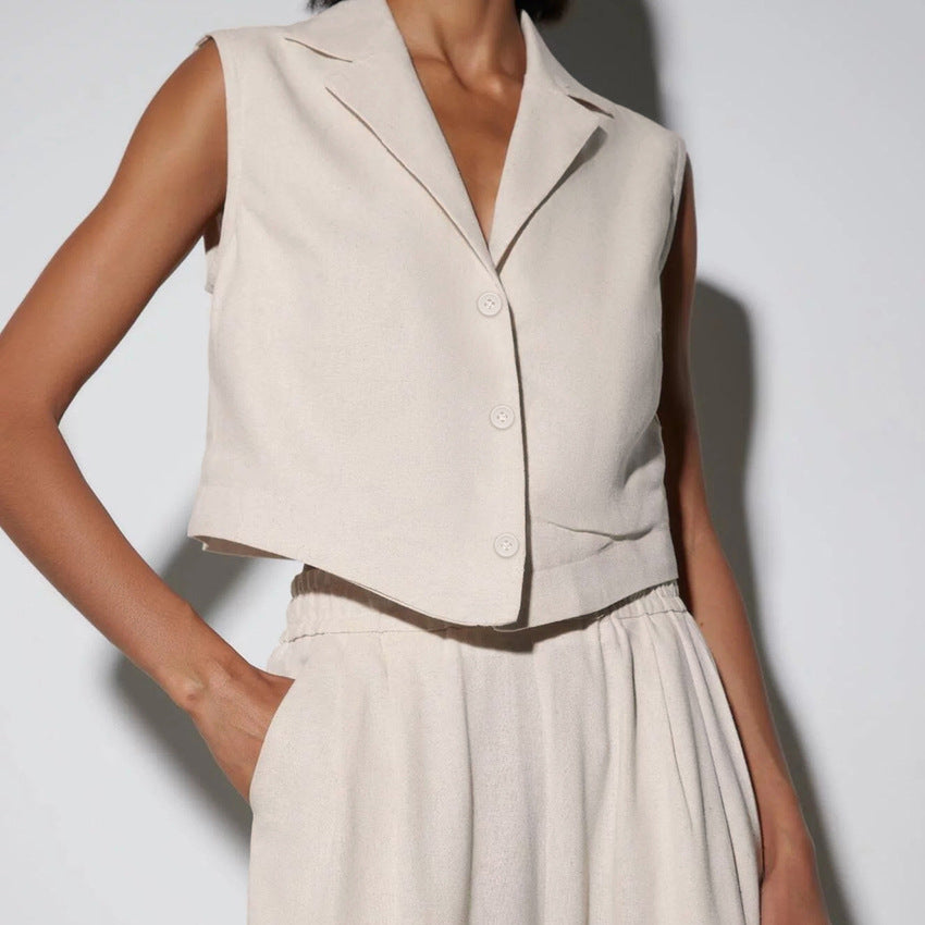 Vest High Waist Wide Leg Pants Suit Solid Color aclosy