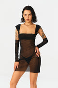 2022 New Solid Color Hood Wrapped Chest Long -sleeved Mesh High Waist Bag Hip Mid Skirt aclosy