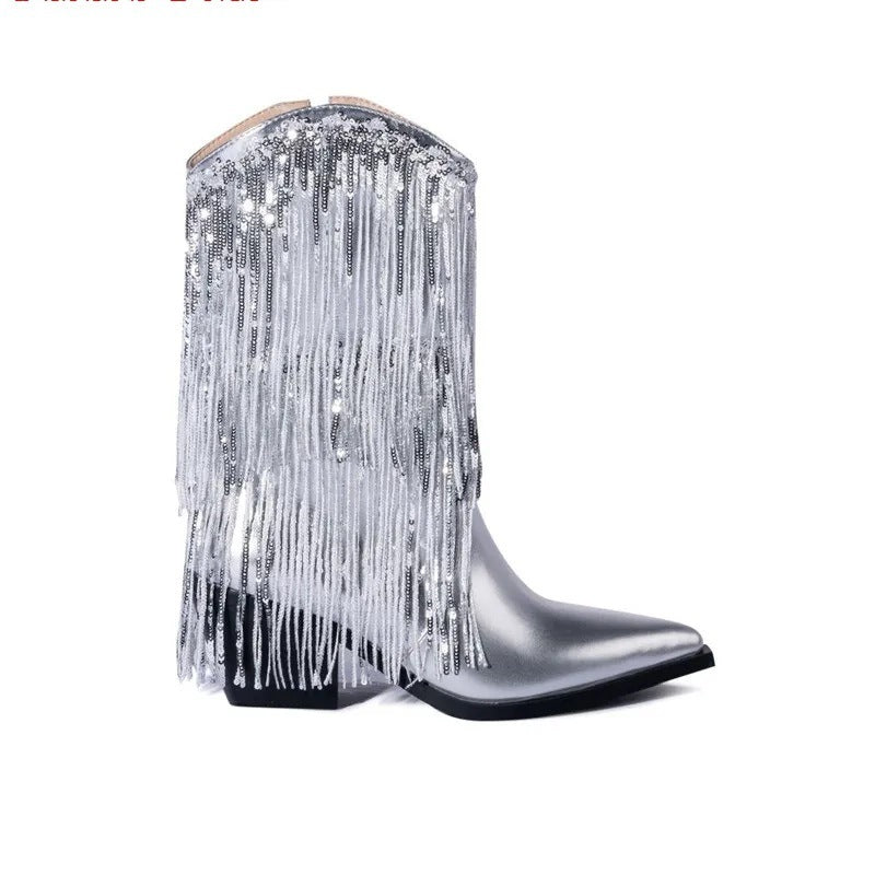 Cross-border Independent Station Fashion Runway Chunky Heel Tassel Boots Women's Shoes aclosy