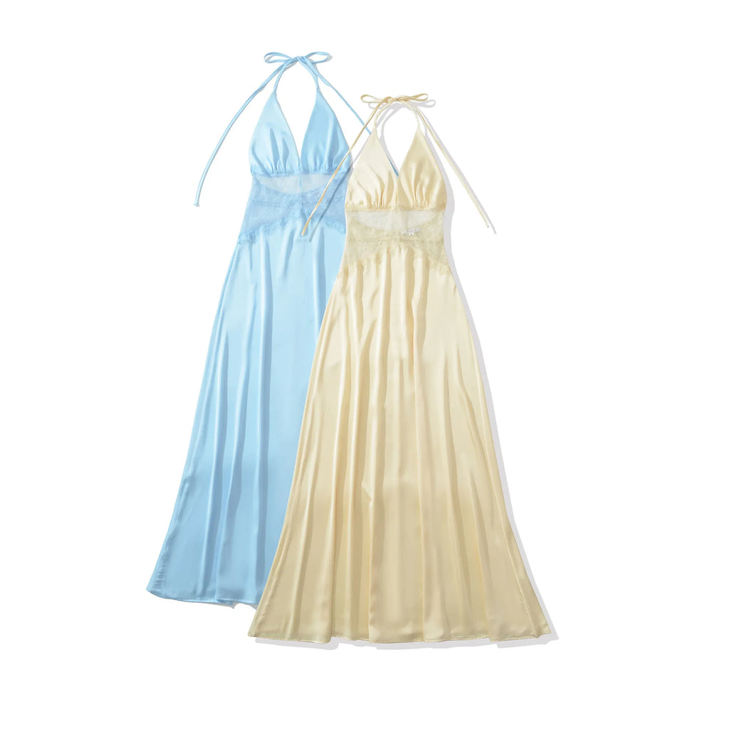 Aesha Backless Halter Dress with Deep V Neck, Satin Patchwork