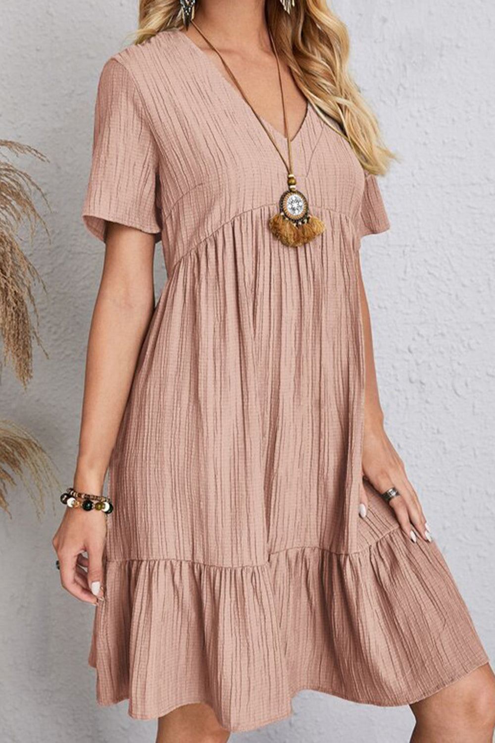 Full Size Ruched V-Neck Short Sleeve Dress Trendsi