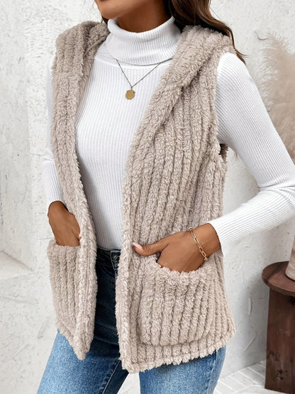 Fuzzy Hooded Vest with Pockets Trendsi