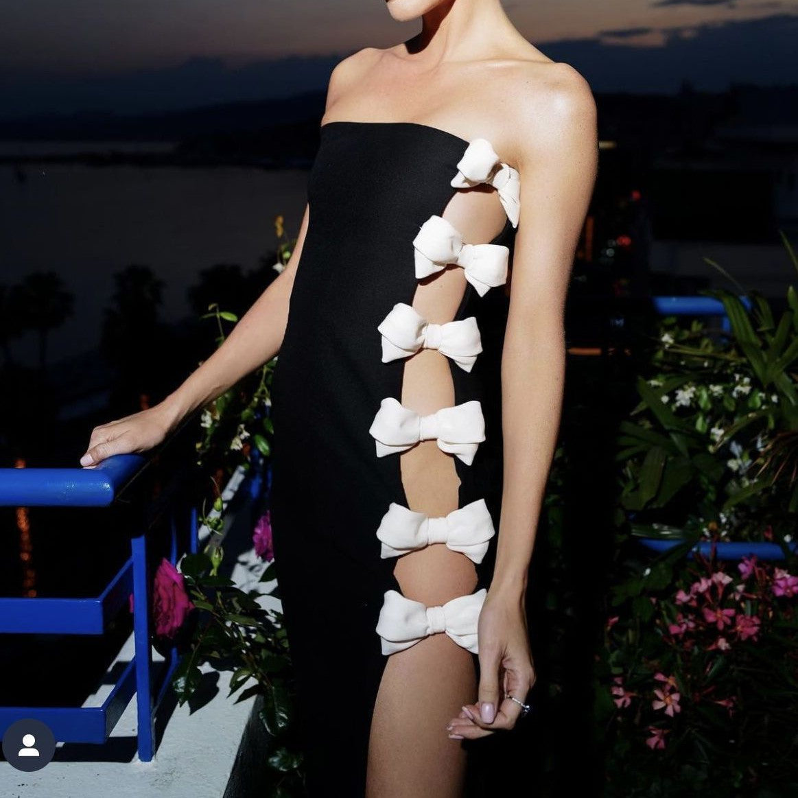 Women's Bandage Dress Black Tube Top White Bow Aclosy