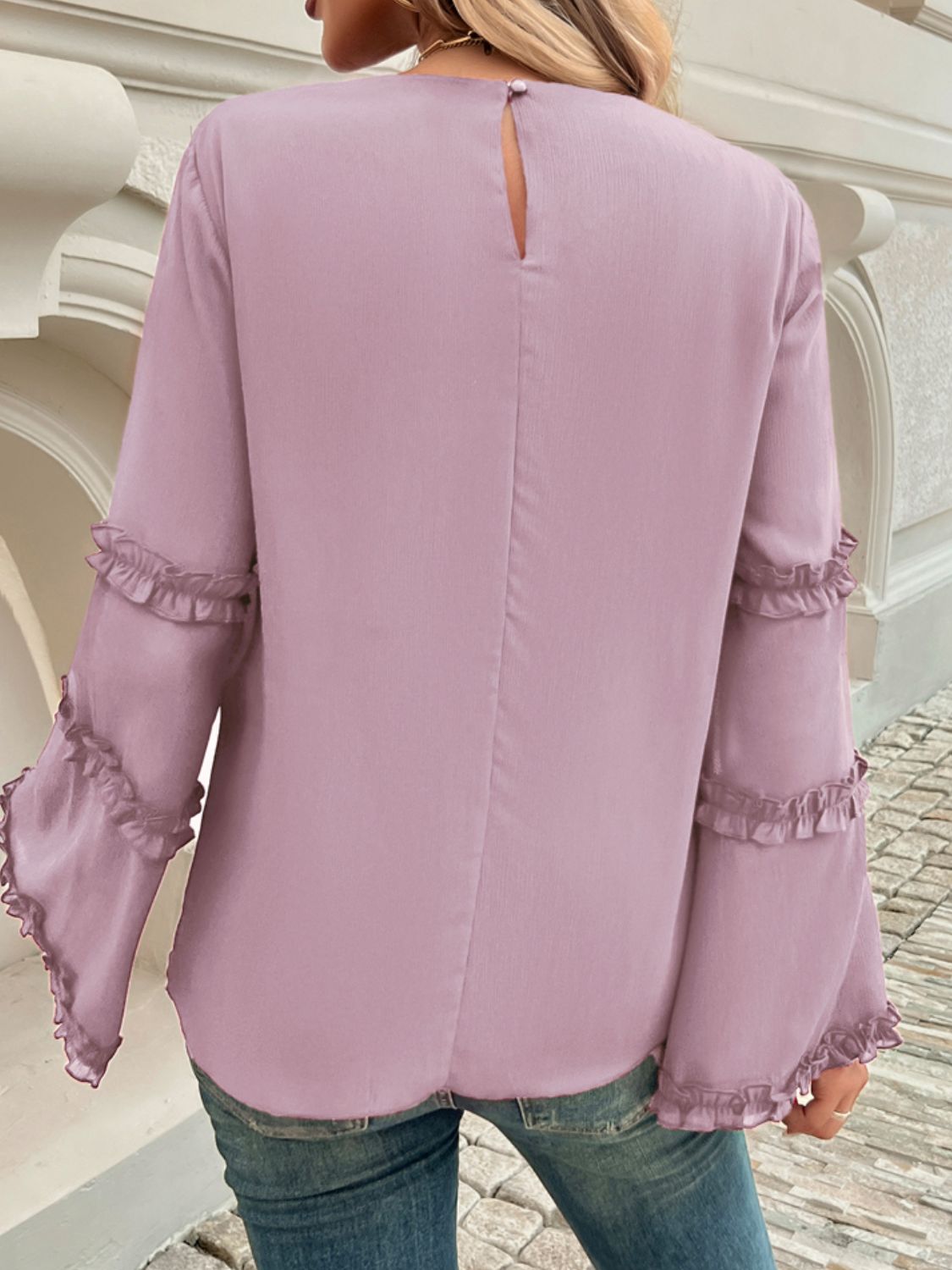 Devine Frill Round Neck Long Sleeve Top Trendsi