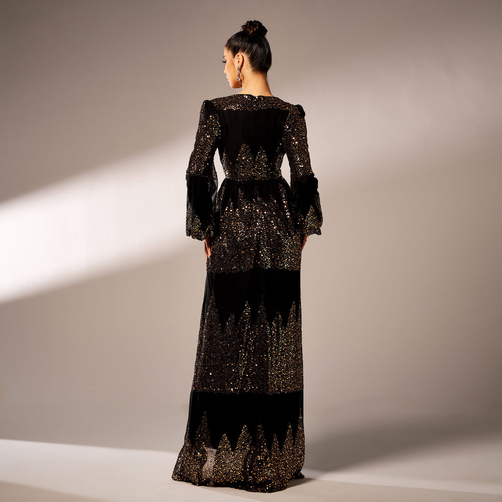 Black gold sequin maxi dress back view