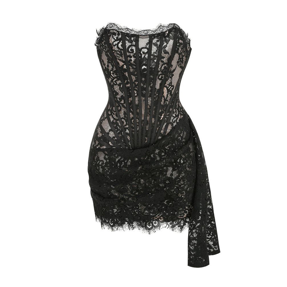 Alyia Lace Ruche Corset Celeb Dress-Black Aclosy