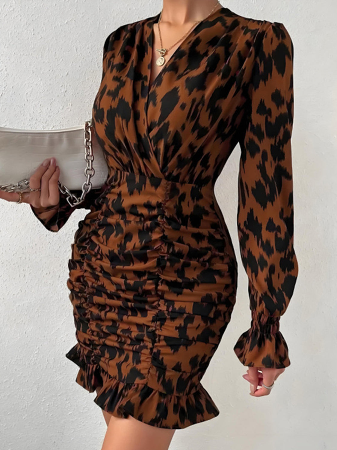 Ruched Ruffled Leopard Surplice Long Sleeve Dress Trendsi