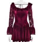 Hollow Long Sleeve Tied Short Skirt Square Collar Aclosy