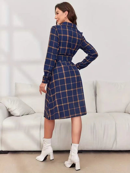 Plaid Tie Waist Long Sleeve Dress Trendsi