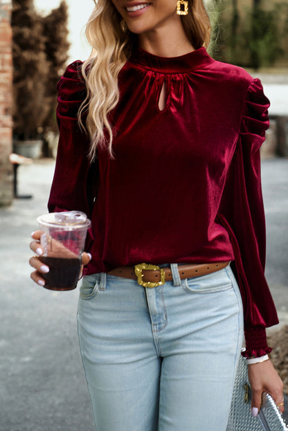 Tie Up Mock Neck Velvet Fabric Long Sleeve Blouse Trendsi